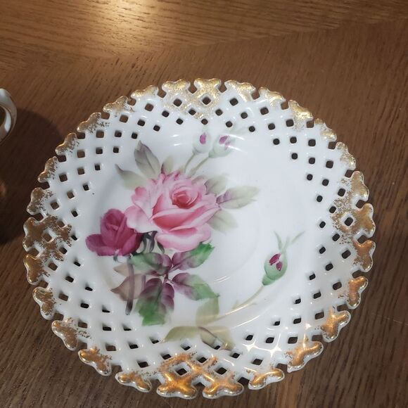 VINTAGE Lefton China Rose Tea Cup and Saucer reticulated - Picture 3 of 5